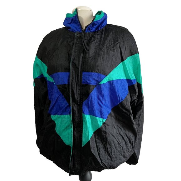 Vintage Turnpoint Abstract Windbreaker Jacket Sz Large Mens Black Green Blue Lon - Picture 10 of 11
